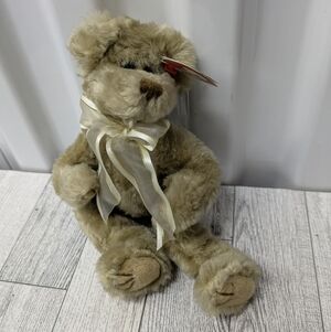 Ty Beverly Plush Bear with Cream Fur and White Ribbon